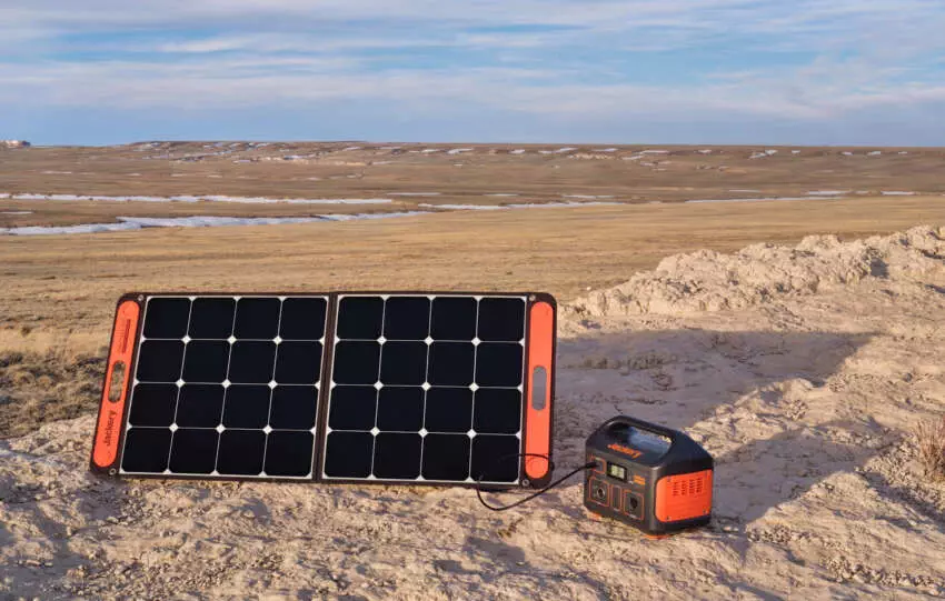 Solar Panel Charging Portable Power Station In Camping