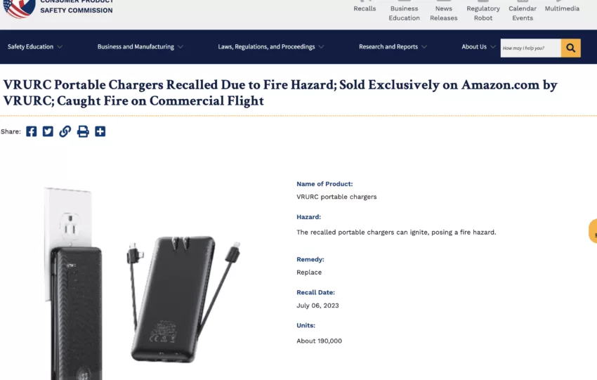 Vrurc Portable Chargers Recalled